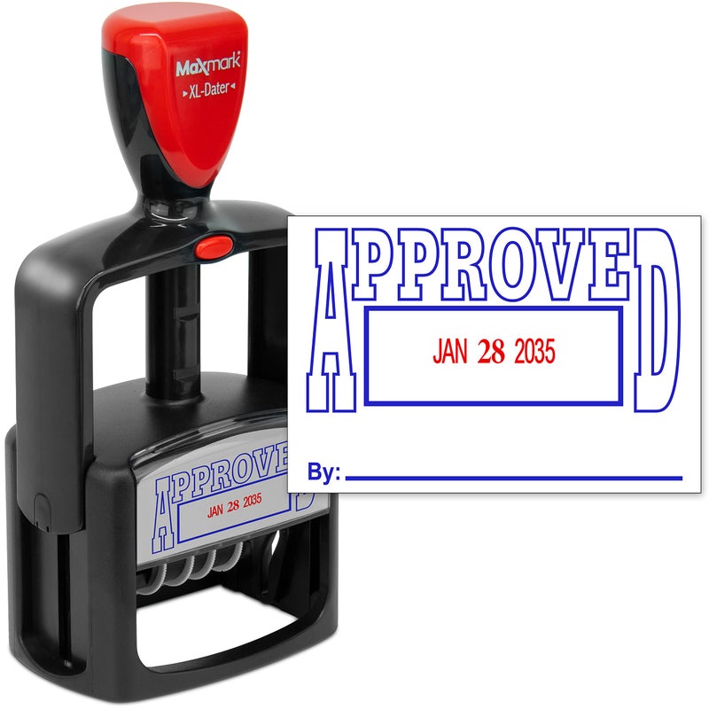 Rubber Stamp Creation MaxMark Heavy Duty Style 5 Date Stamp with Approved self Inking Stamp - 2 Color Blue/Red Ink - Image 1